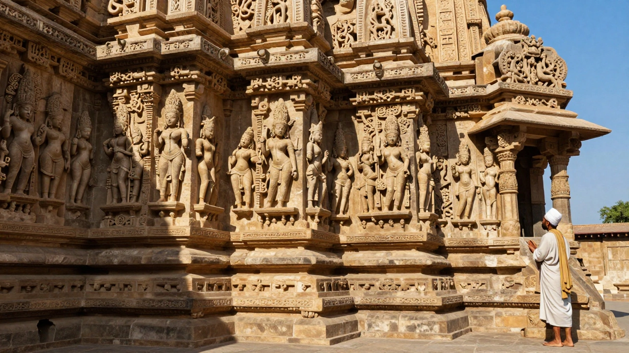 Khajuraho Temples with detailed carvings and a studying scholar.