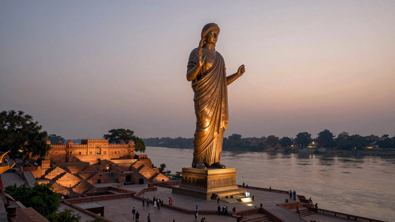 Statue of Unity at dusk with tourists at its base.