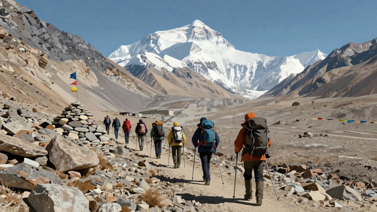 Trekkers ascending a rocky moraine trail toward Stok Kangri's base camp under a clear Himalayan sky.