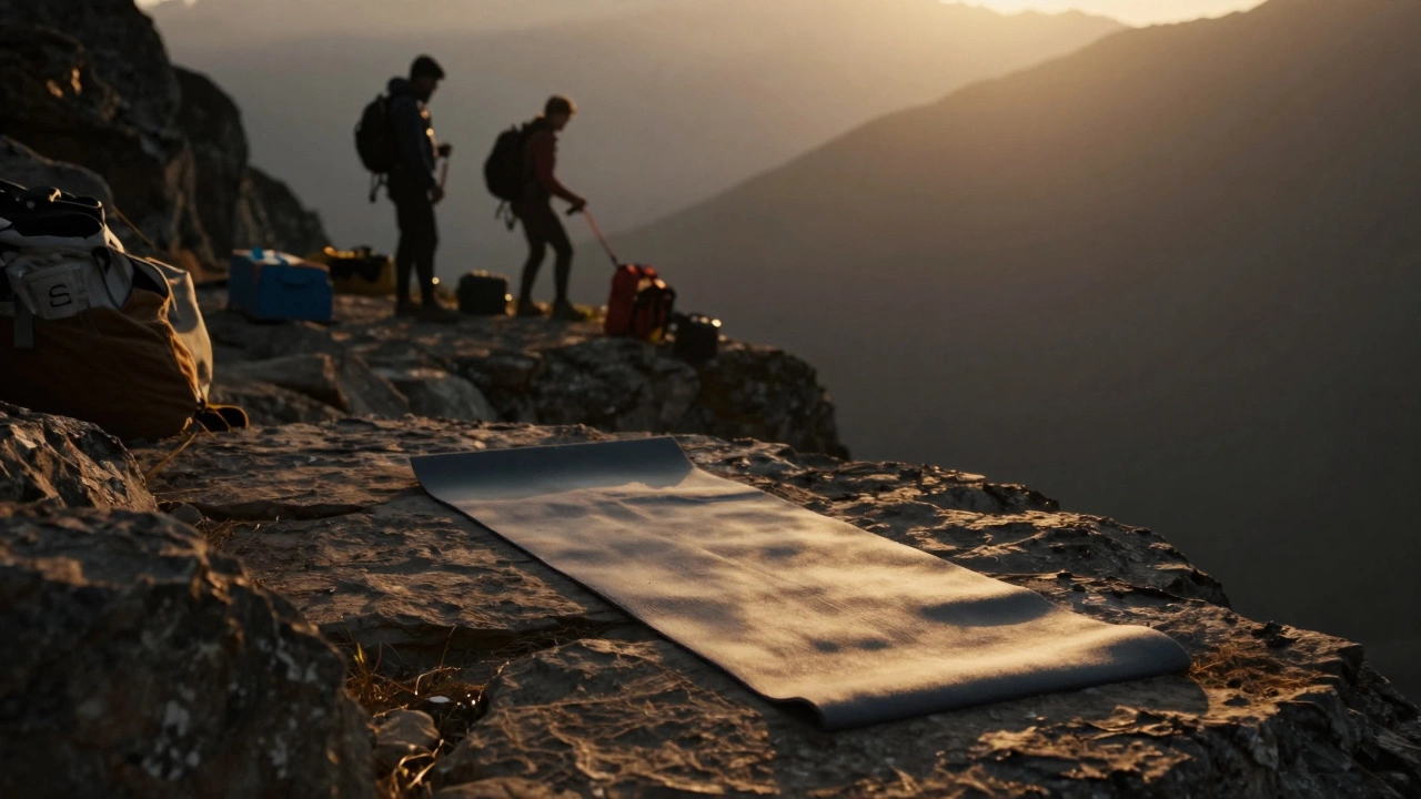 Yoga mat on cliff edge with adventure gear nearby