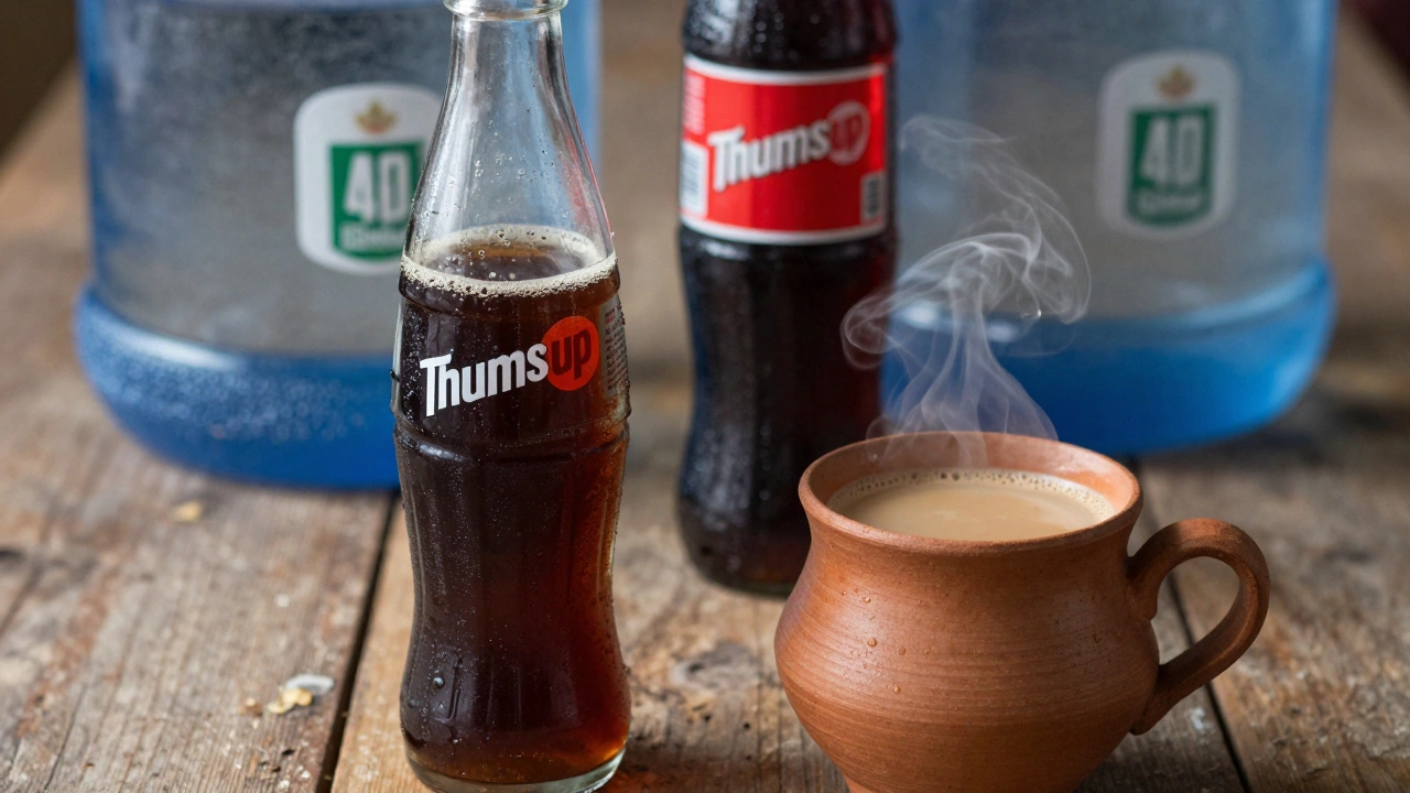 A bottle of Thums Up cola next to a traditional clay cup of Masala Chai.