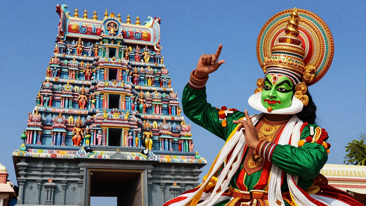 A Kathakali dancer in traditional makeup with a colorful temple tower behind