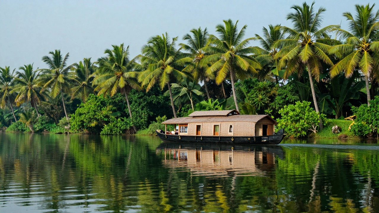 A traditional wooden houseboat on the calm green backwaters of Kerala