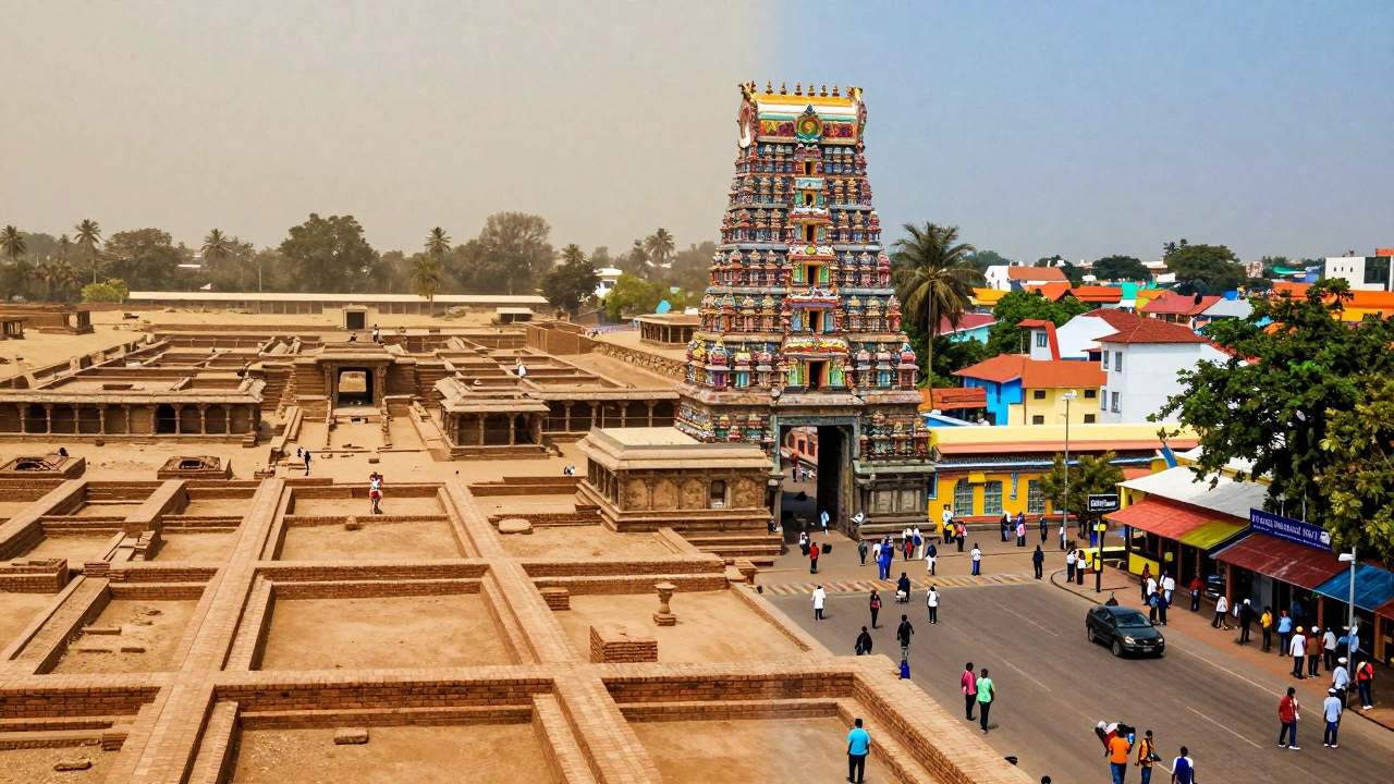Conceptual image contrasting Indus Valley brick ruins with the colorful living temples of Madurai