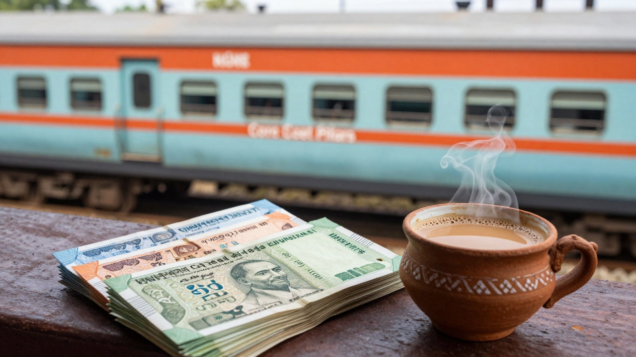 Indian Rupees and a cup of tea in front of a traditional Indian train