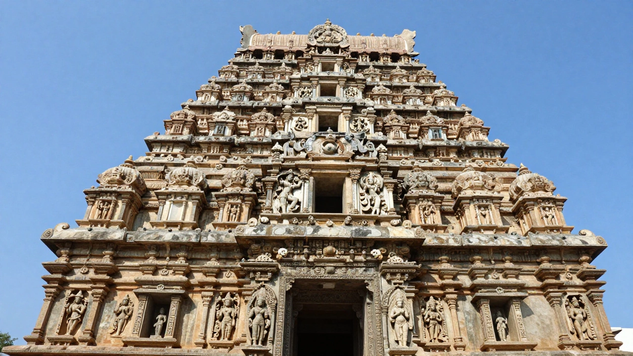 Low-angle view of the massive granite Brihadisvara Temple tower under a bright blue sky