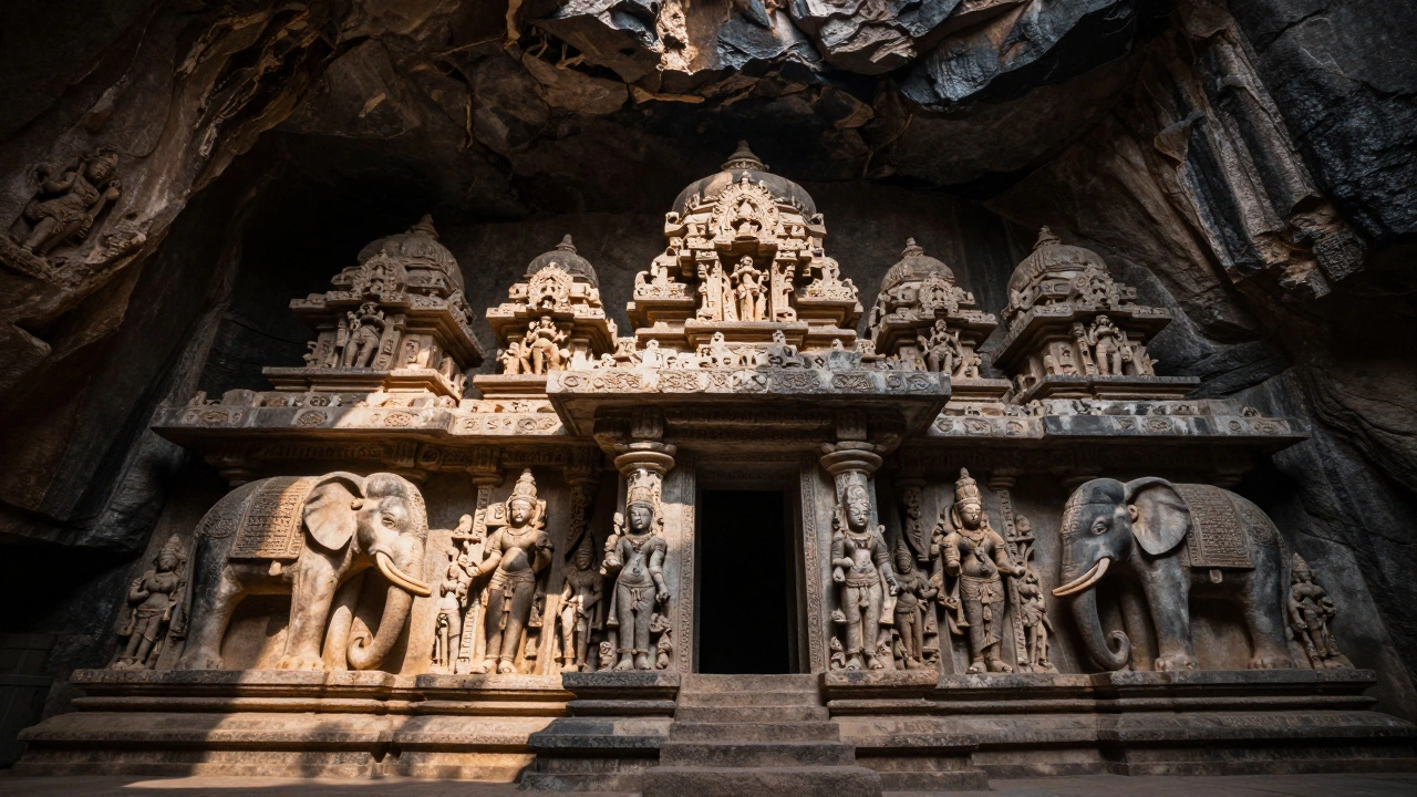 Massive rock-cut Kailasa Temple at Ellora Caves carved from a single cliff