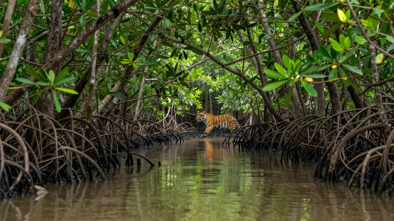 Royal Bengal Tiger in the dense mangrove forests of the Sundarbans