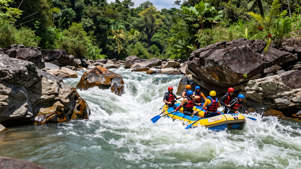 Adventurers rafting on Wainganga River amidst rocky cliffs and forests.