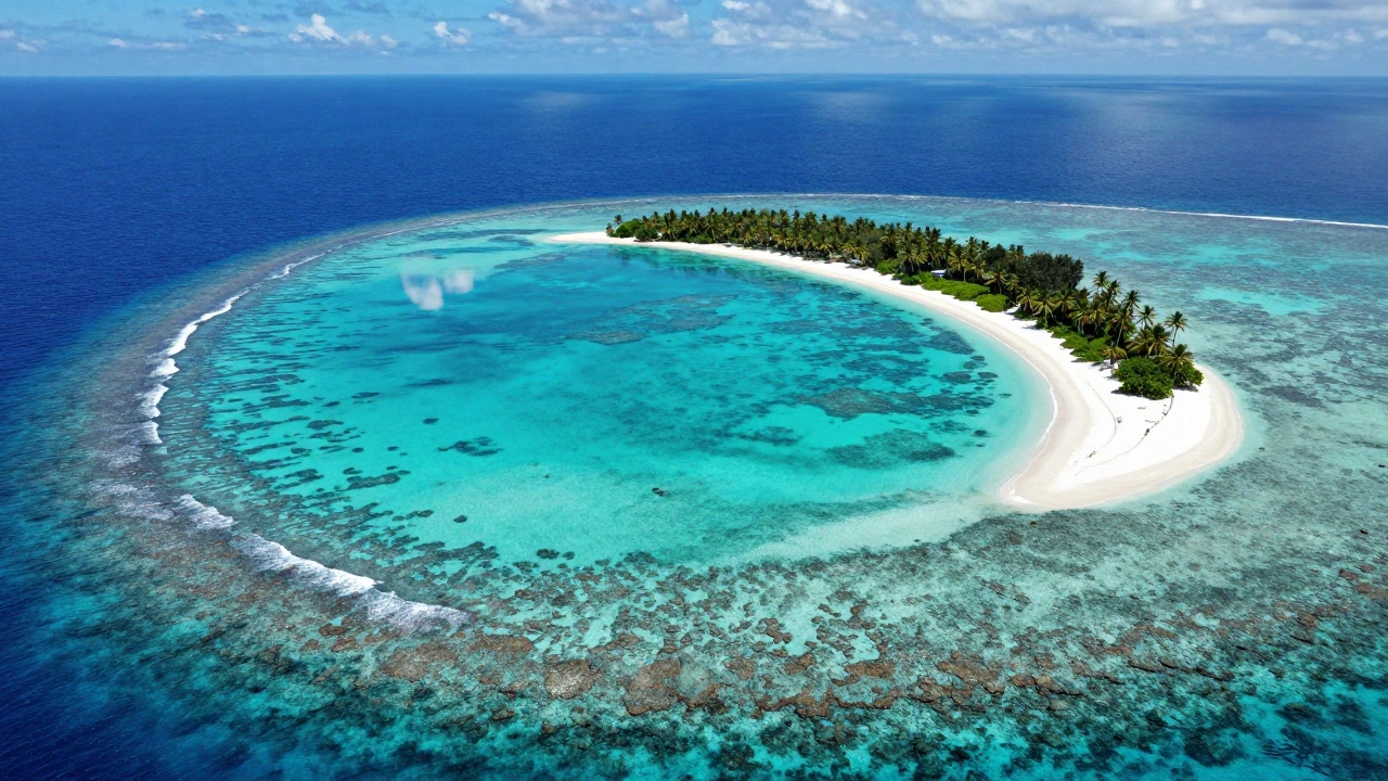 Aerial view of Agatti Island's turquoise lagoon and white sandy beach surrounded by deep blue ocean