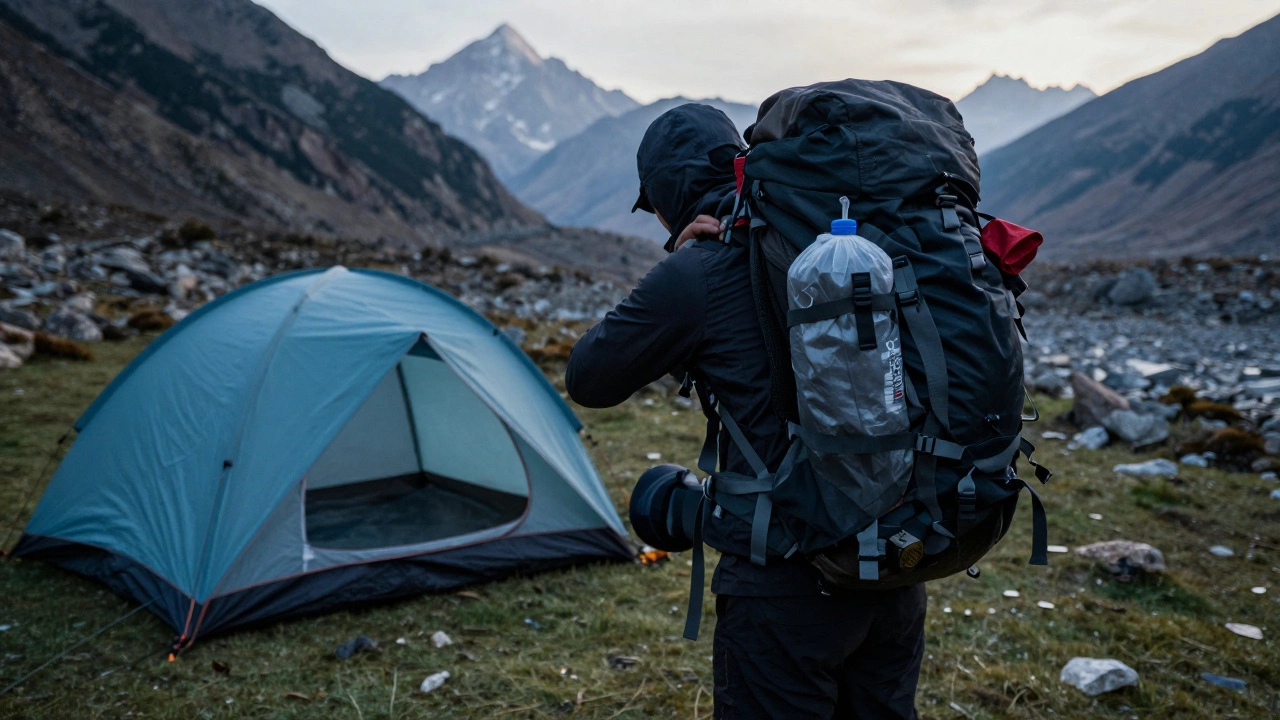 Backpacker setting up tent with heavy gear in remote valley