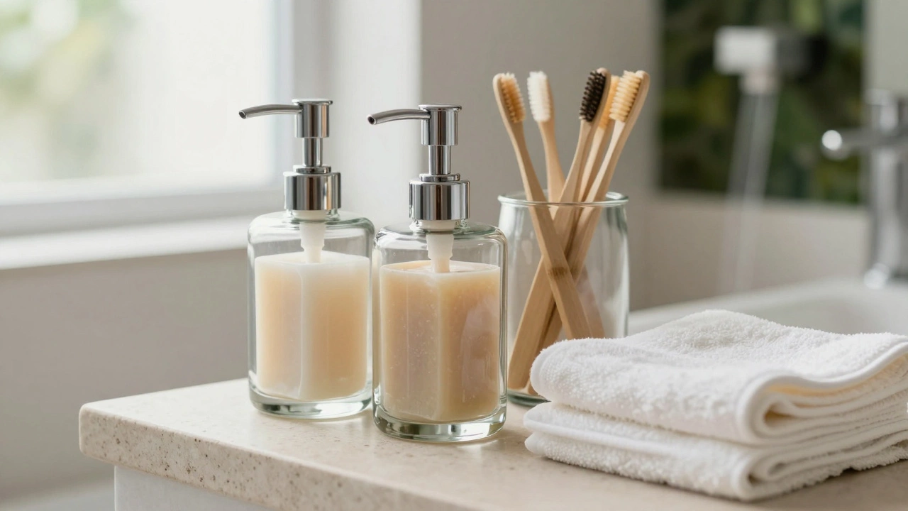 Bamboo amenities and bulk dispensers in a bathroom, showing zero-waste practices.
