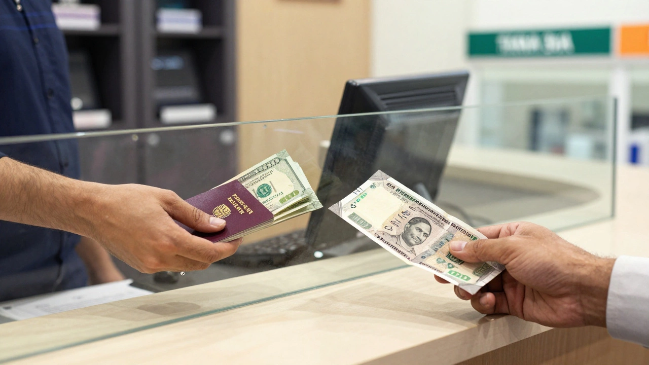 Bank counter exchanging US dollars for Indian Rupees