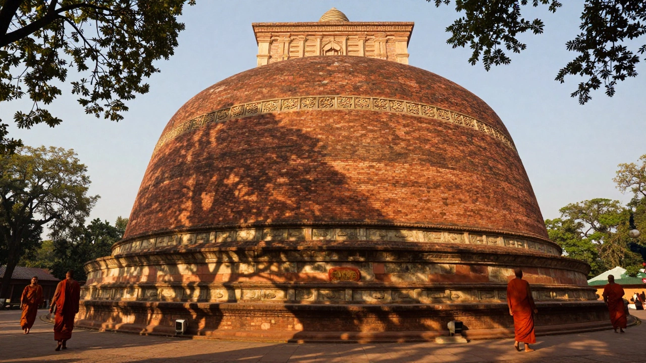 Dhamek Stupa at Sarnath with monks walking around it