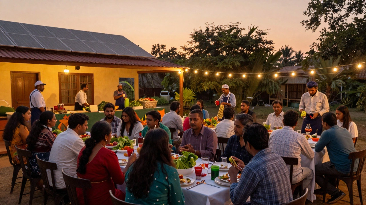 Guests dining outdoors at an eco-resort with solar panels and local food sourcing.