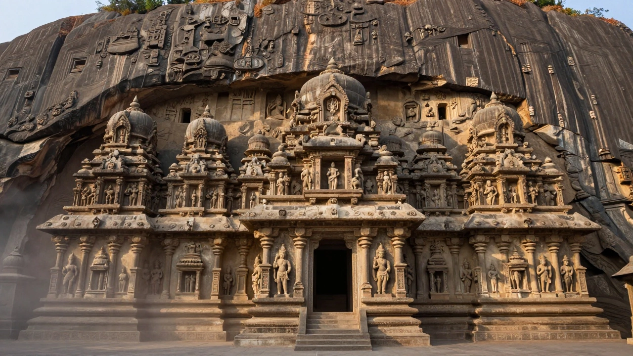 Kailasa Temple at Ellora carved from single rock face in dramatic light