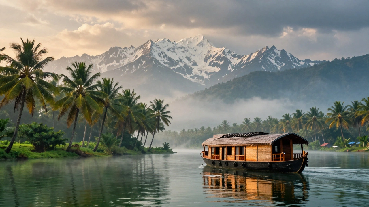 Kerala houseboat on green backwaters with snowy Himalayan peaks in background