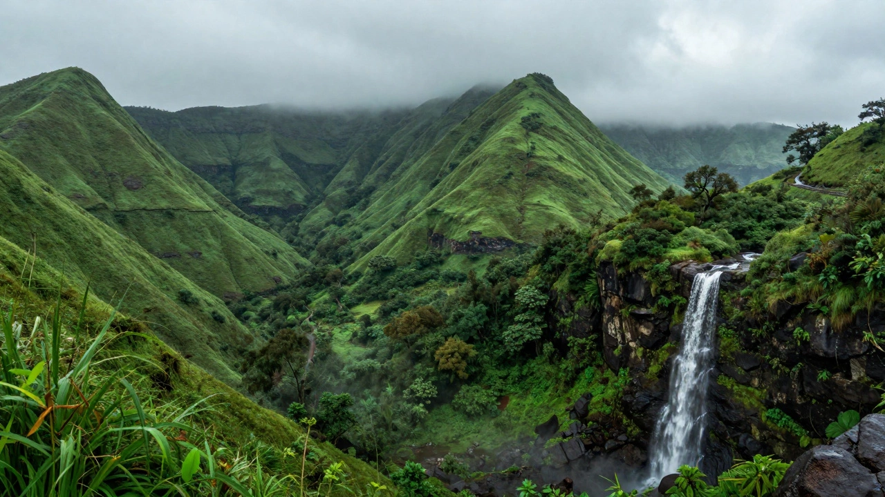 Lush green hills and waterfall in the Western Ghats during monsoon