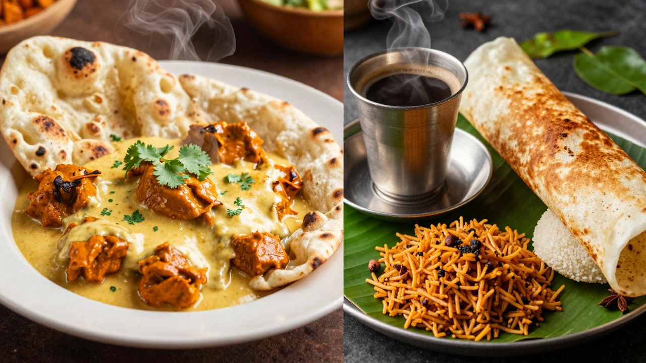 North Indian butter chicken and naan compared to South Indian dosa and coffee