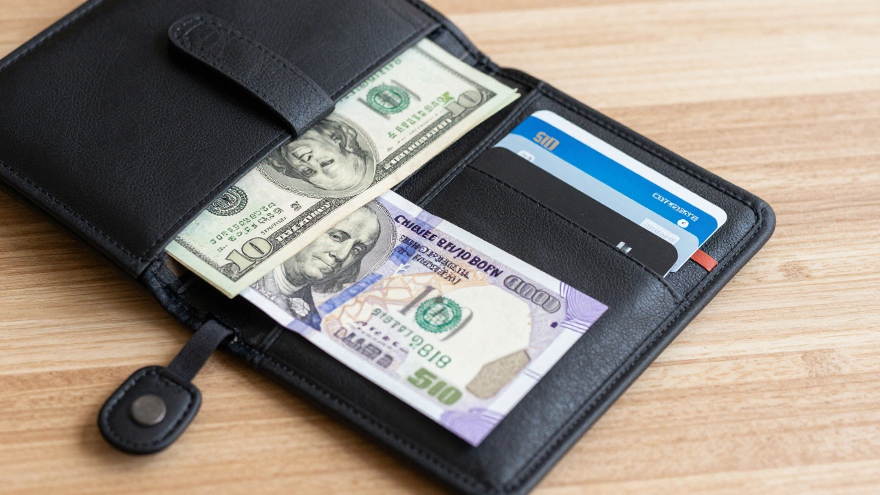 Open travel wallet with USD, INR, and cards for safe carrying
