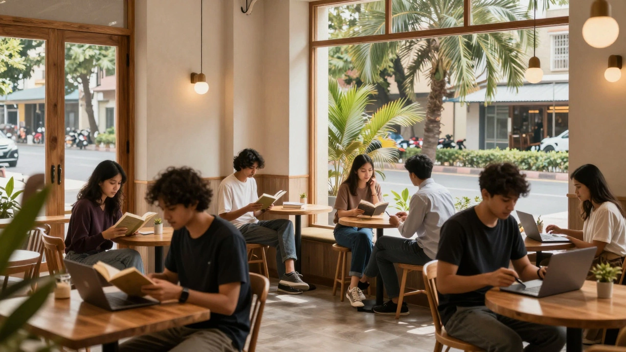 People relaxing and working in a sunny cafe in Pune