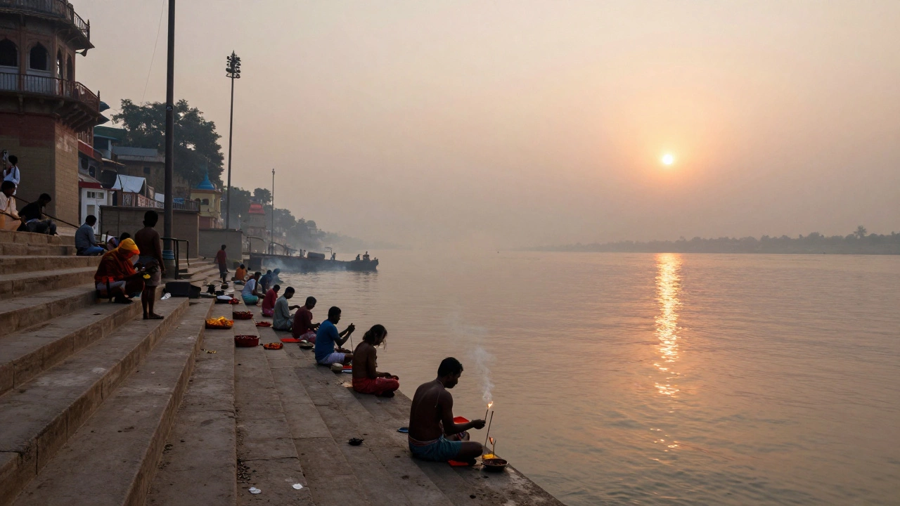 Pilgrims performing rituals on Varanasi ghats at sunrise by the Ganges