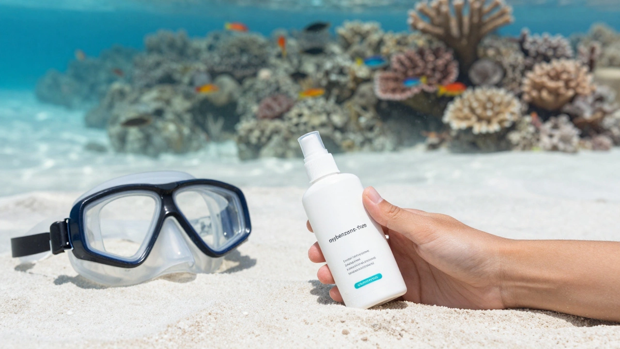 Reef-safe sunscreen and snorkel gear on white sand with clear coral water in background