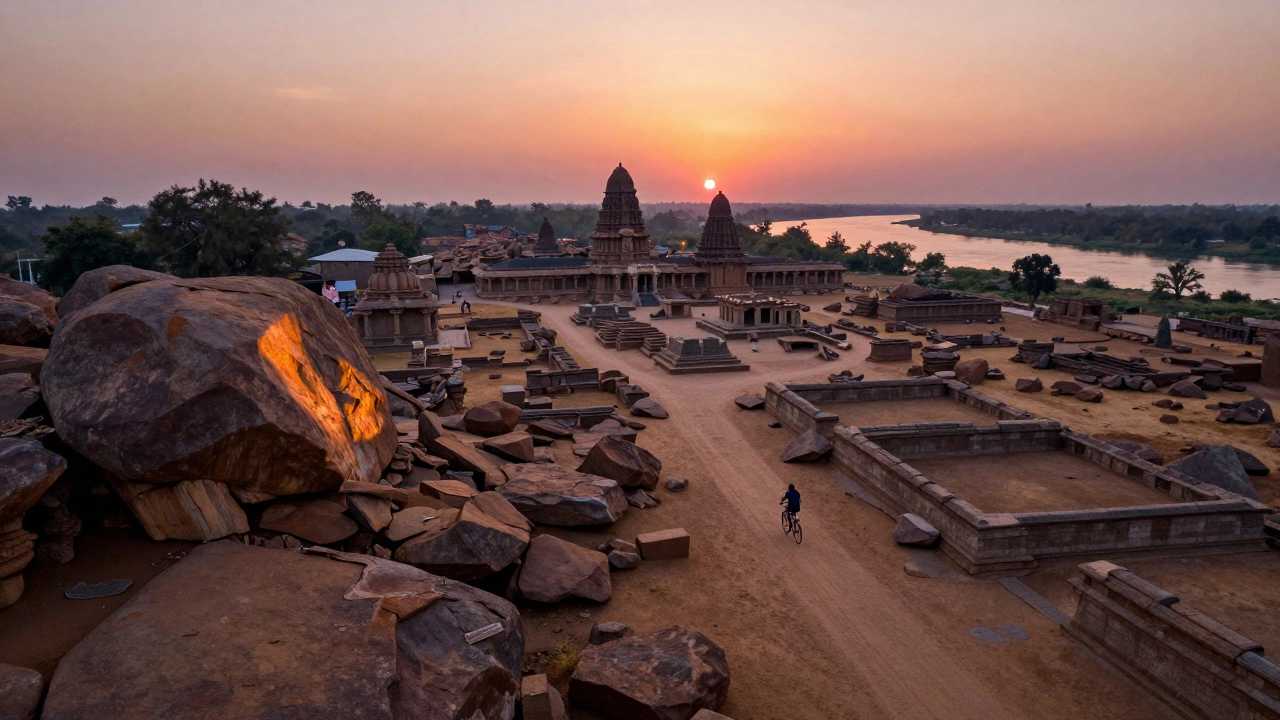 Sunset over the rocky ruins of Hampi with a cyclist exploring