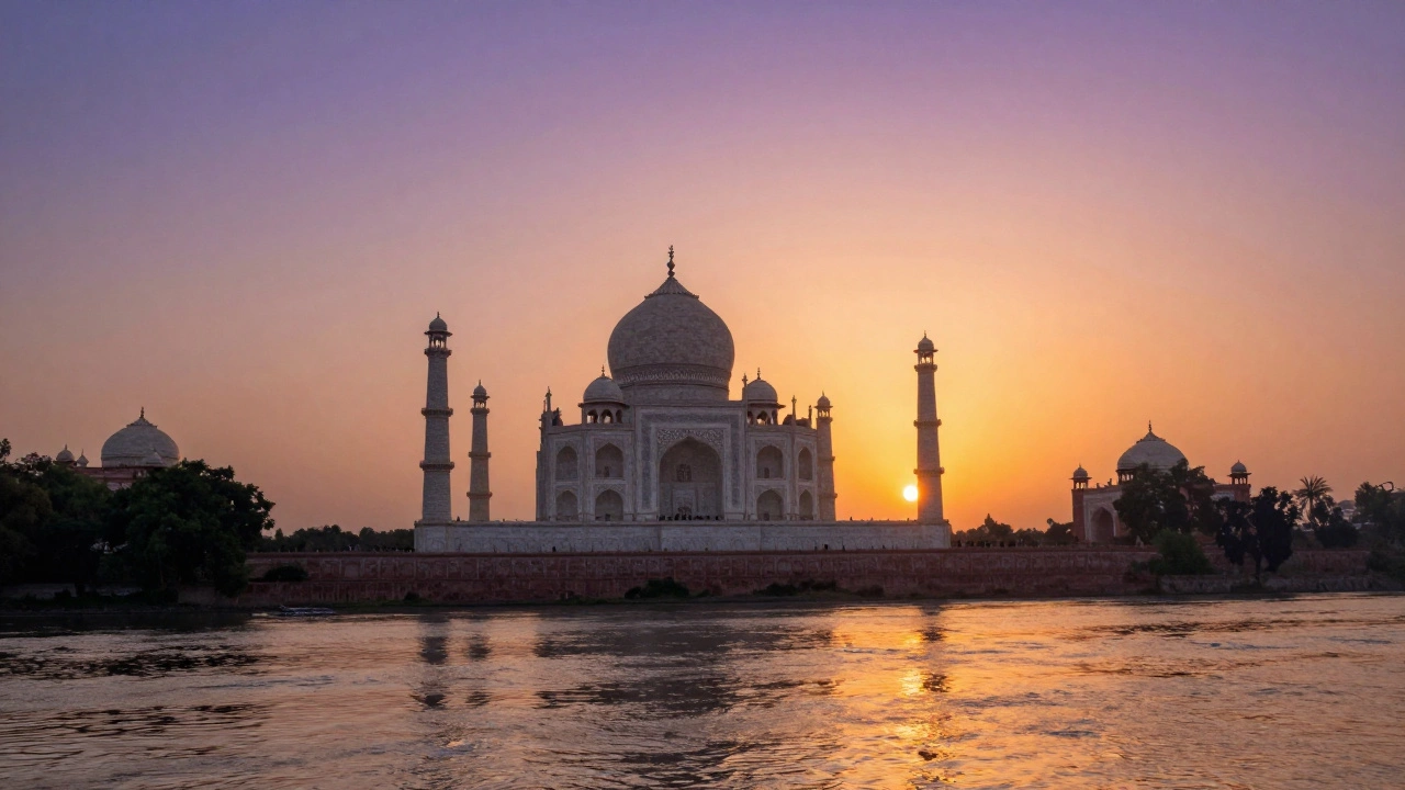 Sunset view of Taj Mahal from across river