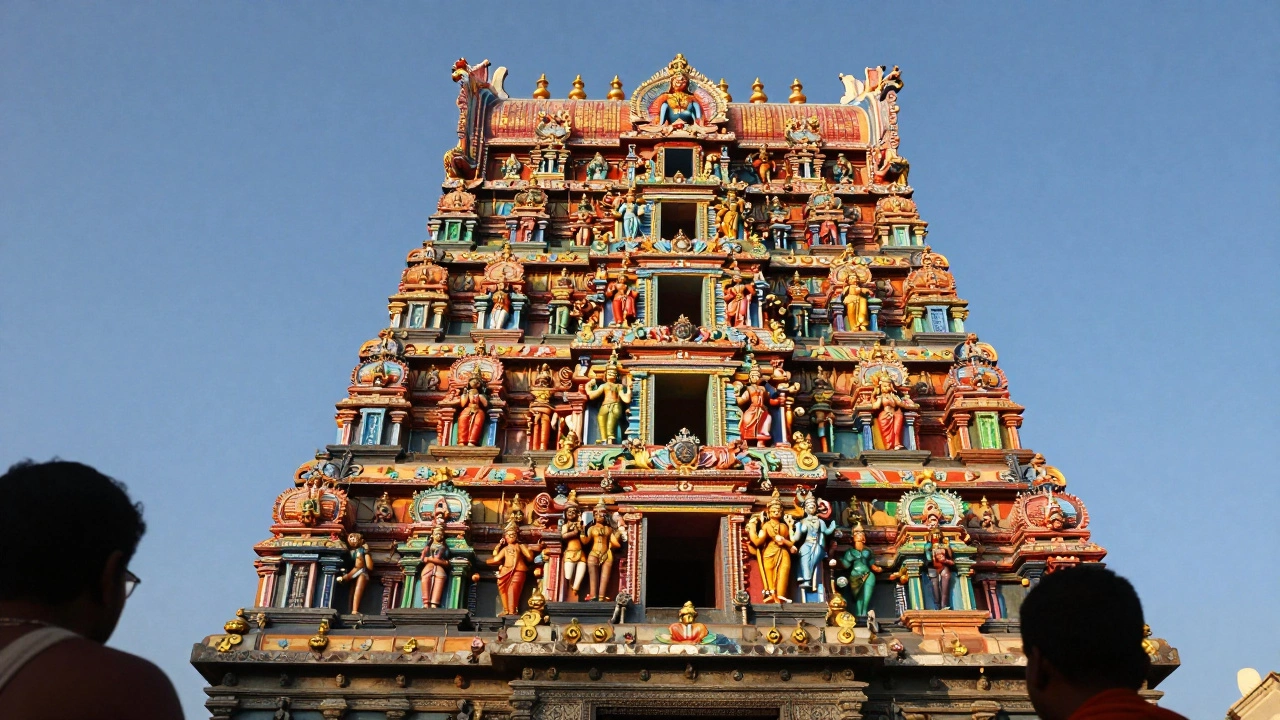 Vibrant intricately carved temple tower in Madurai, Tamil Nadu