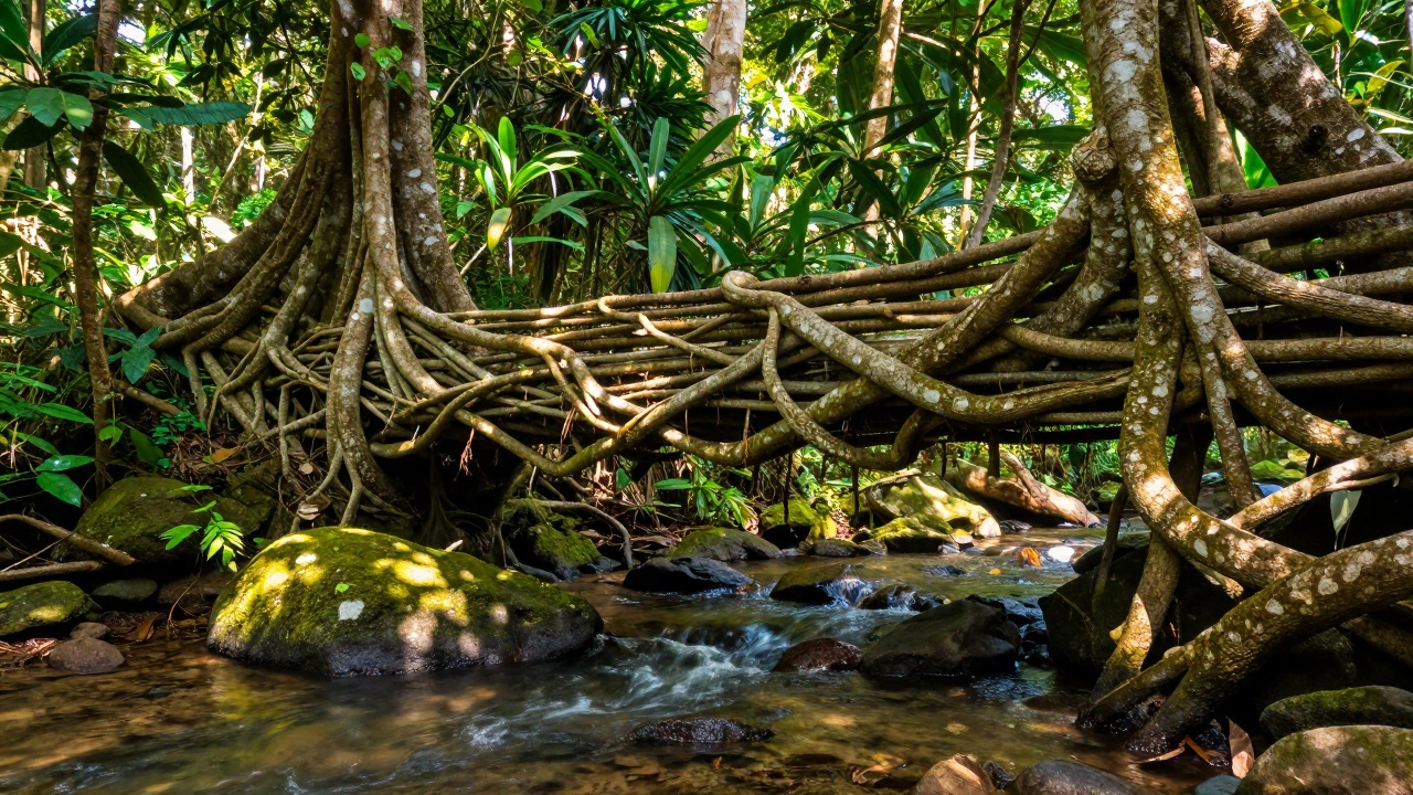 Ancient living root bridges spanning a stream in Meghalaya's rainforest
