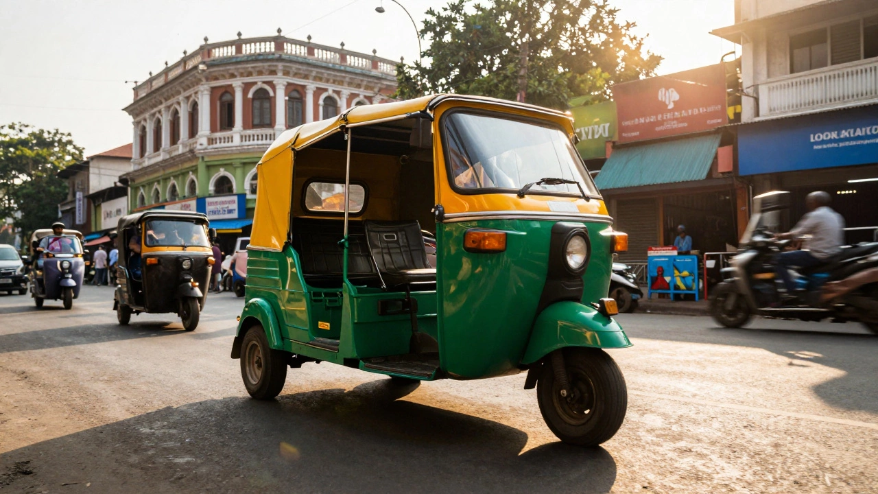 Auto-rickshaw driving through a busy Indian city street