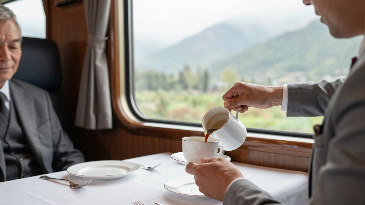 Butler serving coffee to senior passenger in luxury train dining car
