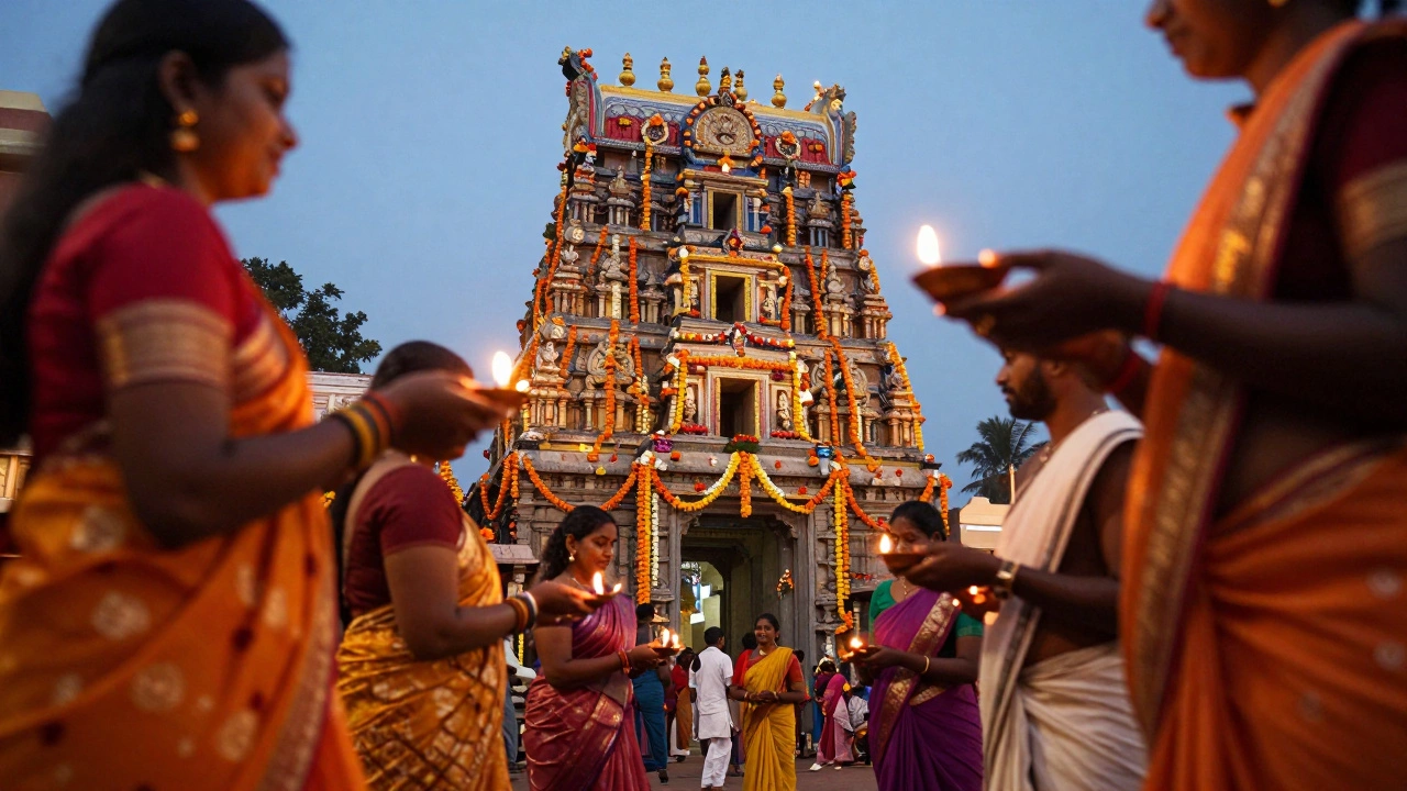 Colorful festival scene at an ornate South Indian temple with oil lamps