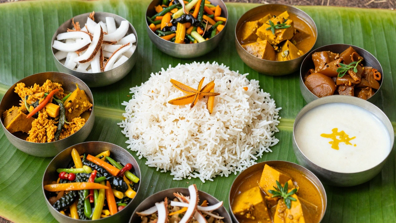 Colorful Kerala Sadya feast spread on a banana leaf