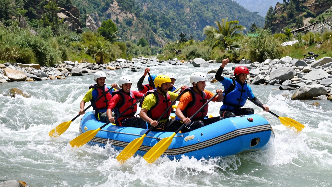 Group rafting on calm rapids with safety gear in mountain river