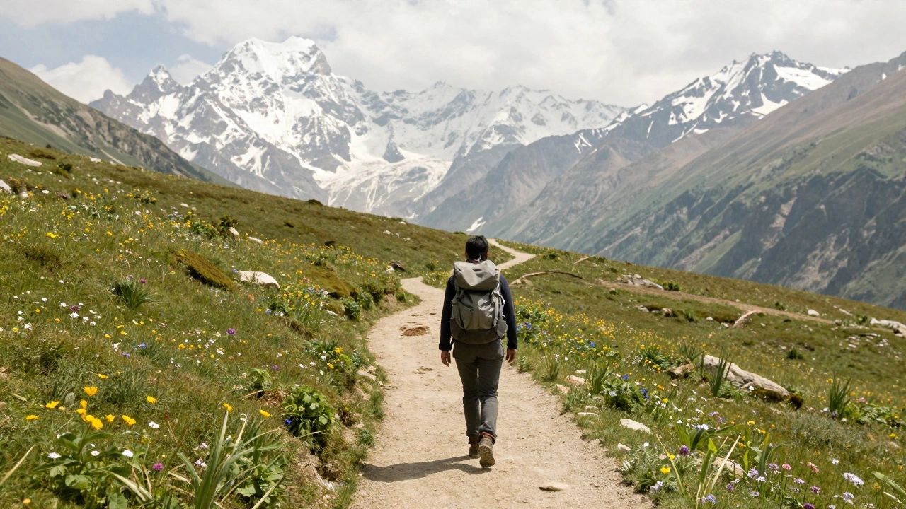 Hiker on marked trail in flower valley with mountain backdrop