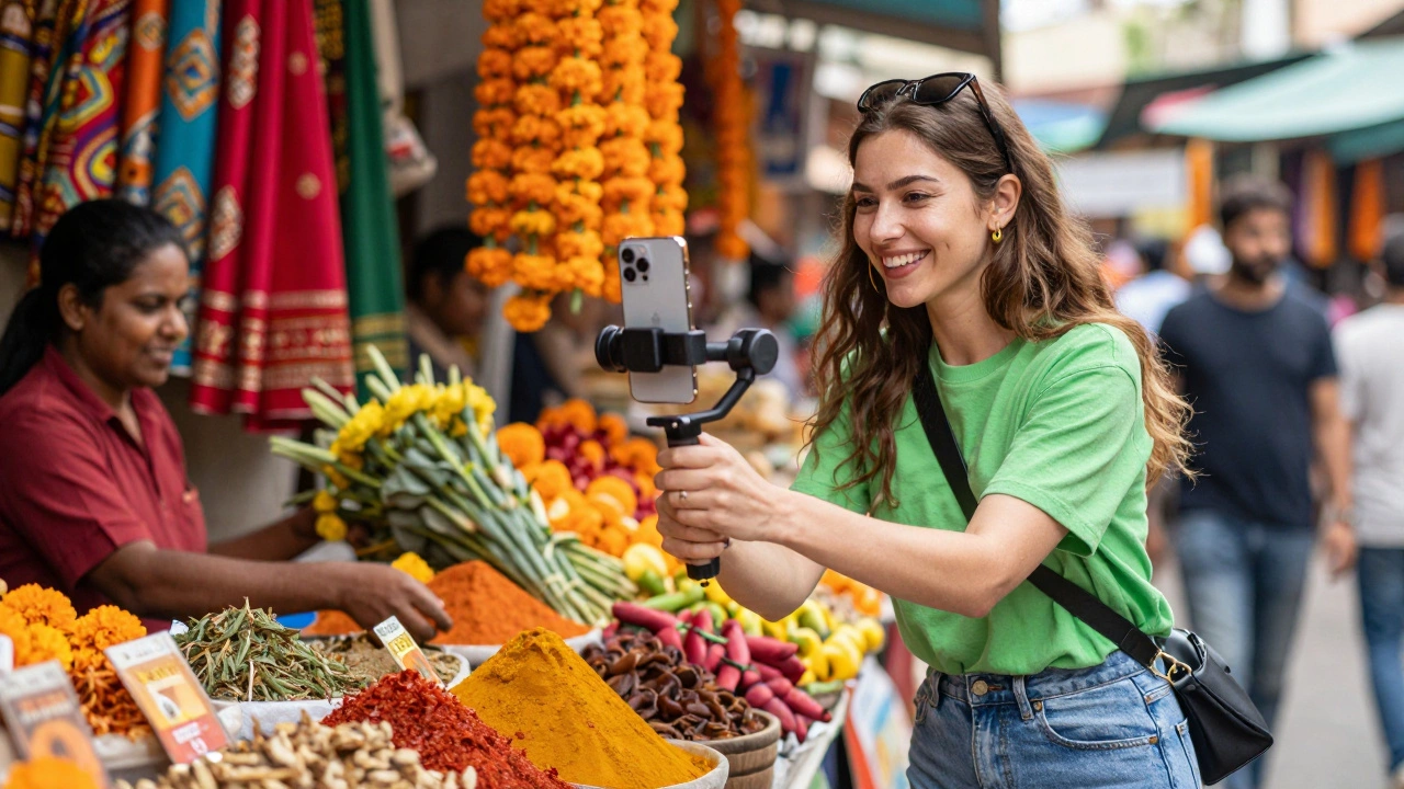 Influencer filming video with local vendor in Mumbai market