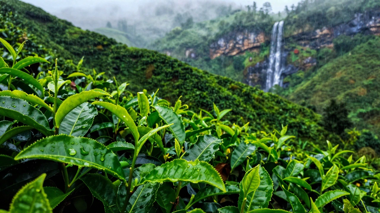 Lush green tea plantations in Munnar with rain and misty hills during monsoon