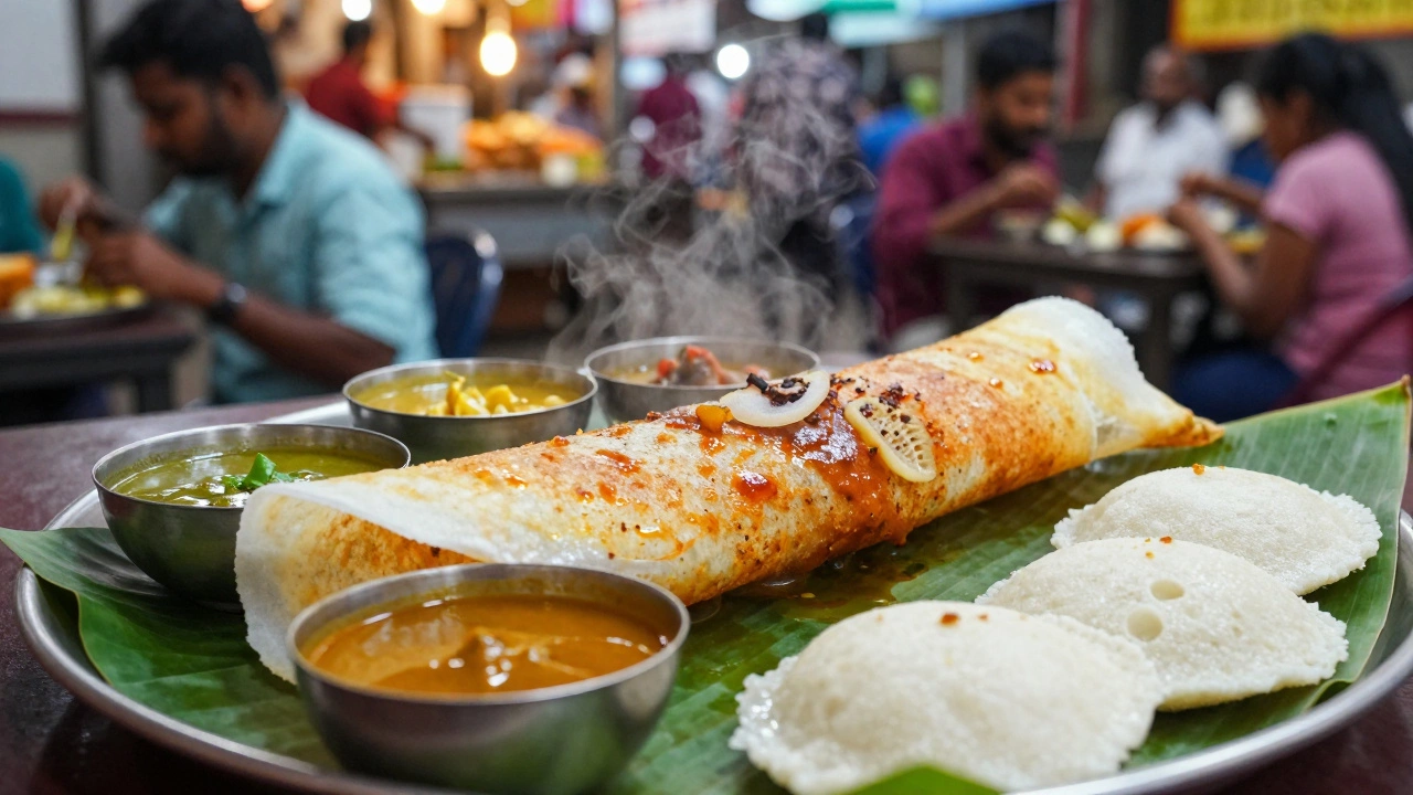 Masala dosa and idli served on a banana leaf