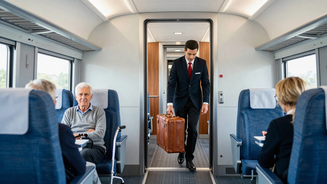 Porter assisting senior traveler with luggage into accessible train carriage