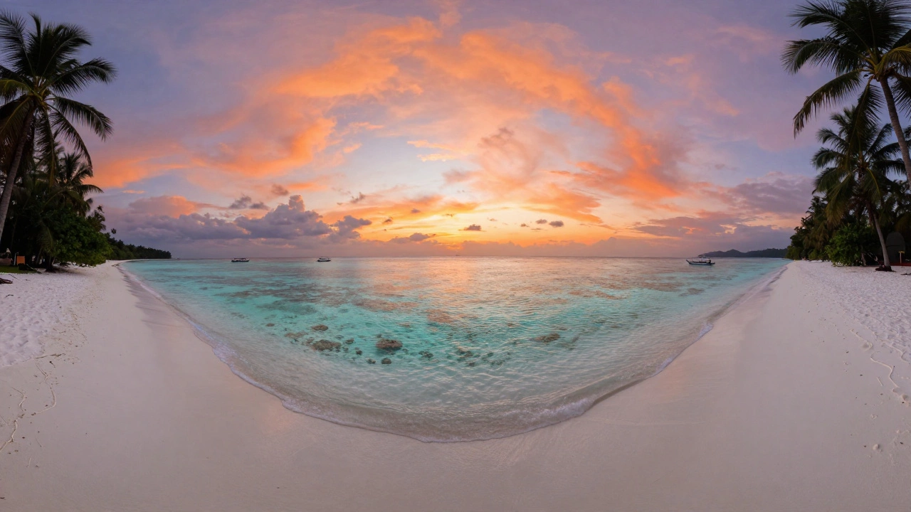 Sunset at pristine Radhanagar Beach in Andaman Islands with clear water
