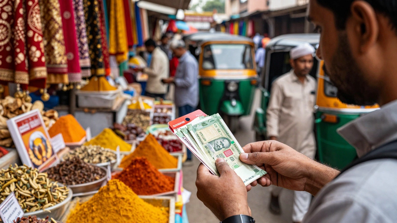 Tourist exchanging currency and holding SIM card in busy Indian market