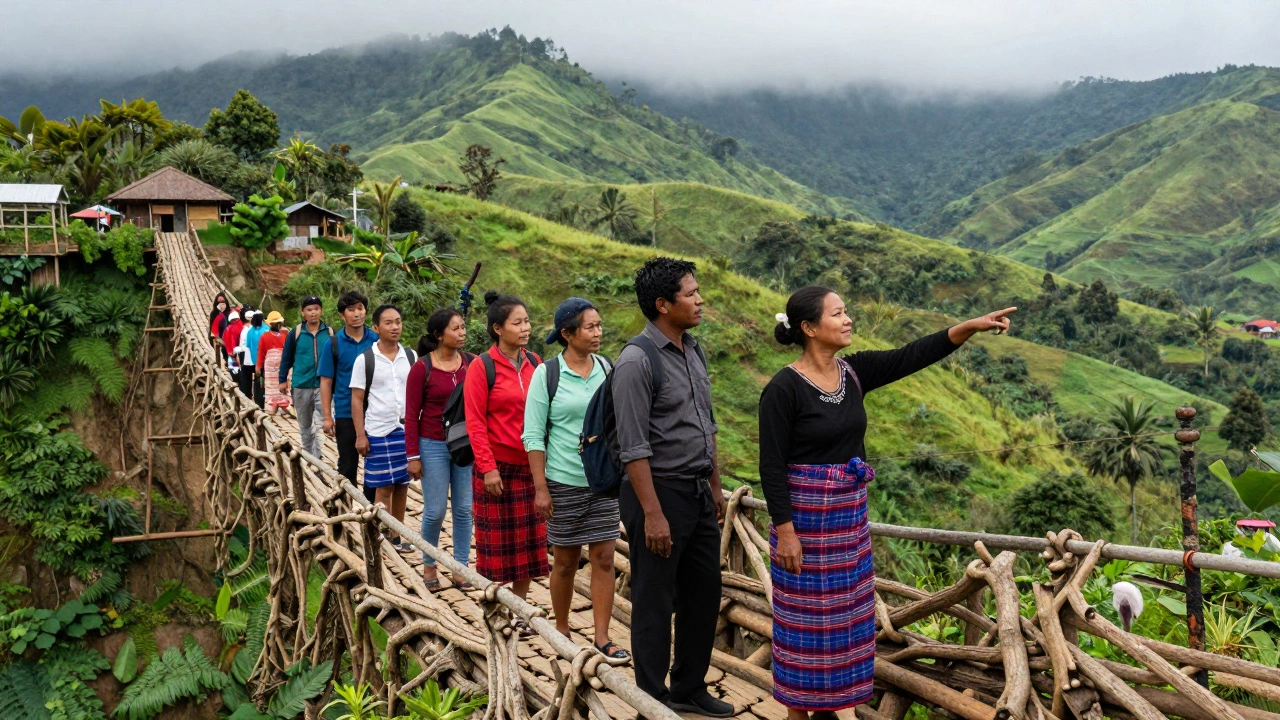 Tourists at living root bridge with local guide