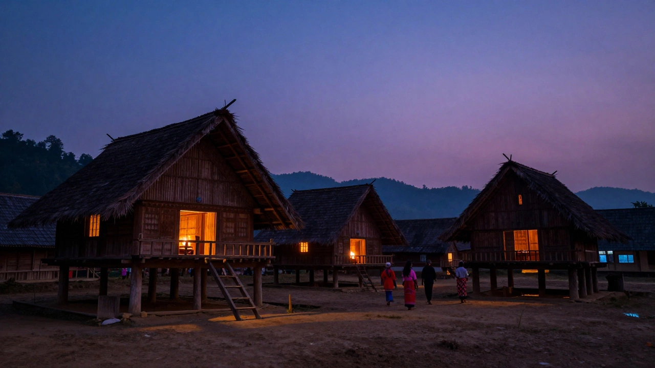 Traditional wooden longhouses lit by firelight in a Northeast Indian village