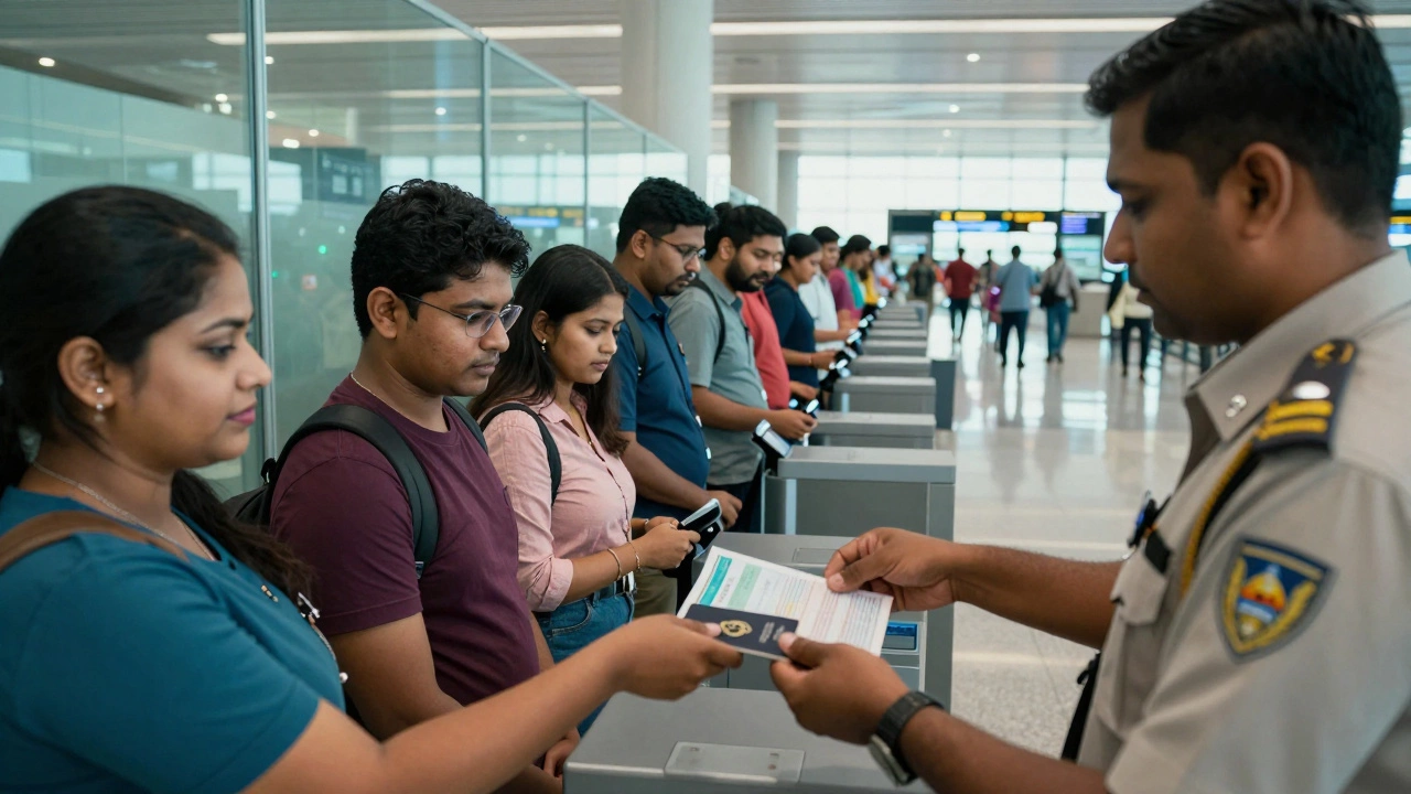 Traveler presenting passport and e-Visa at India airport immigration