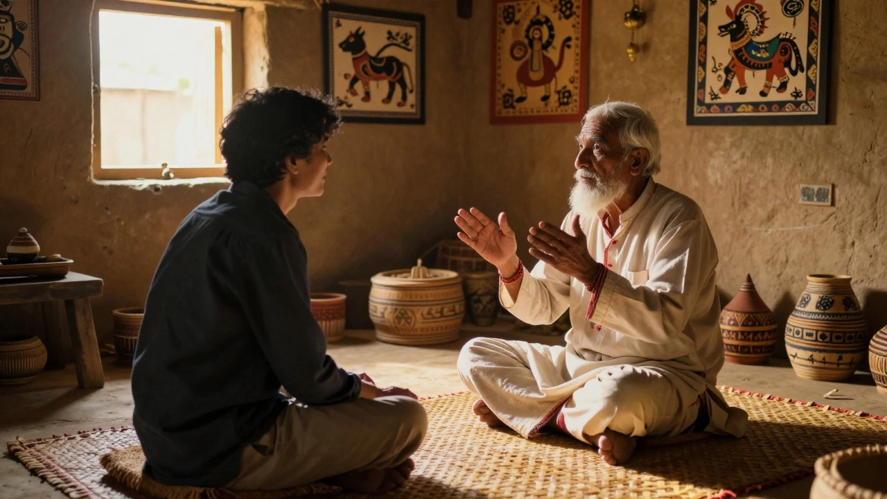 Visitor listening to tribal storyteller indoors