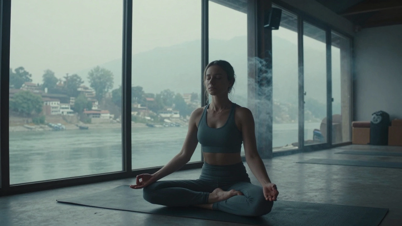 Woman meditating in yoga studio overlooking Ganges River