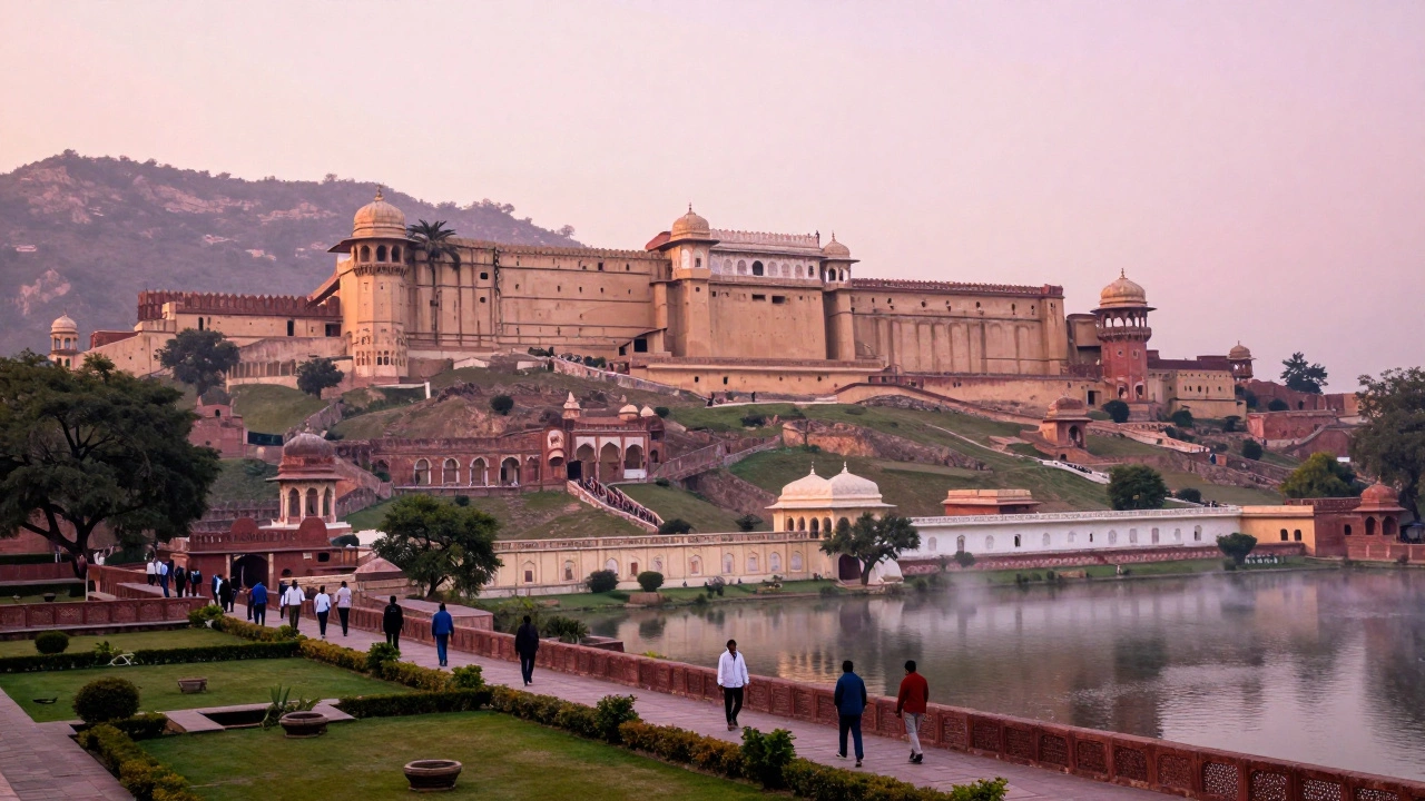 Amber Fort in Jaipur overlooking a lake at sunrise
