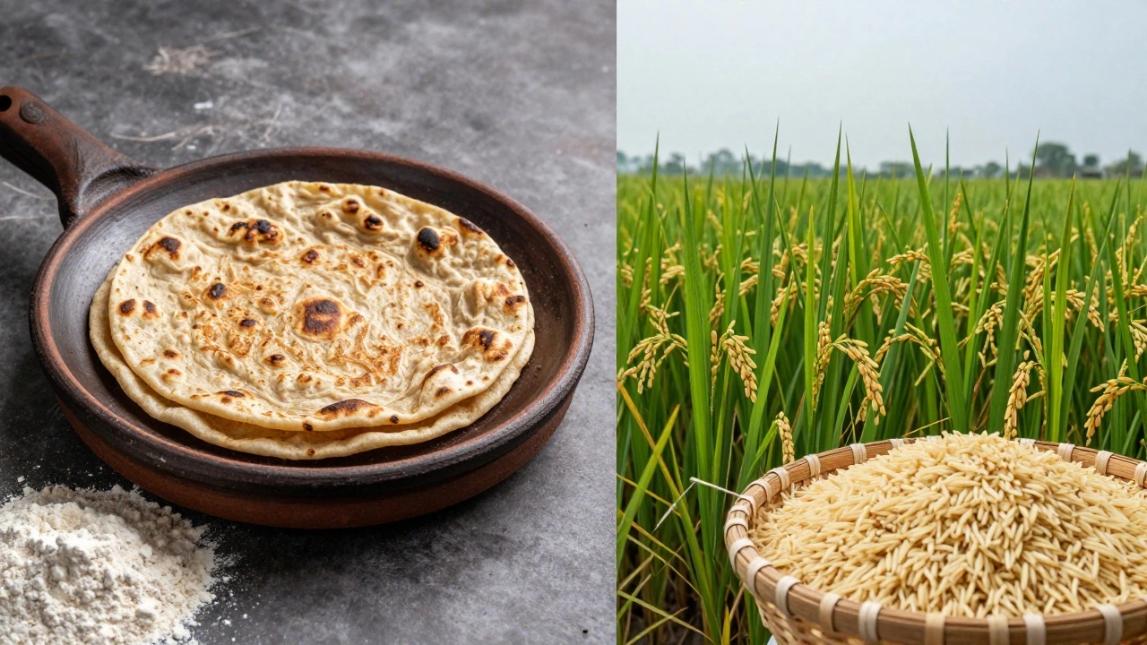 Contrast between northern roti bread and southern rice paddy fields